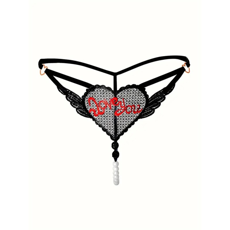 G-string with Pearl Chain Love You Black Love Market G-string with Pearl Chain Love You Black Strings
