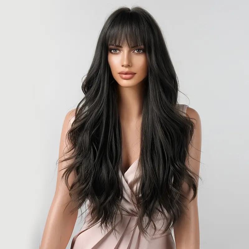 Love Market Long Wavy Wig with Bangs Black Wigs