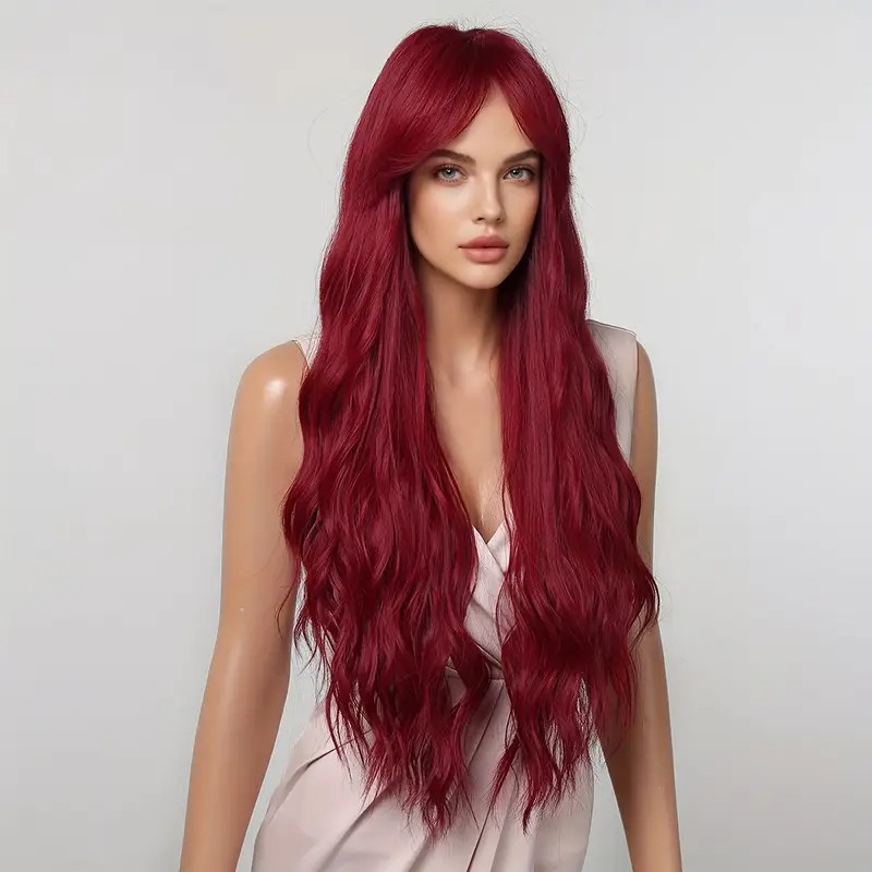 Love Market Long Wig with Bangs Beachy Waves Red Wigs