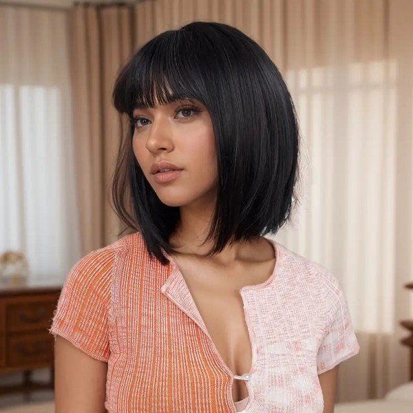 Straight Long Bob with Bangs Wig Black Straight Long Bob with Bangs Wig Black