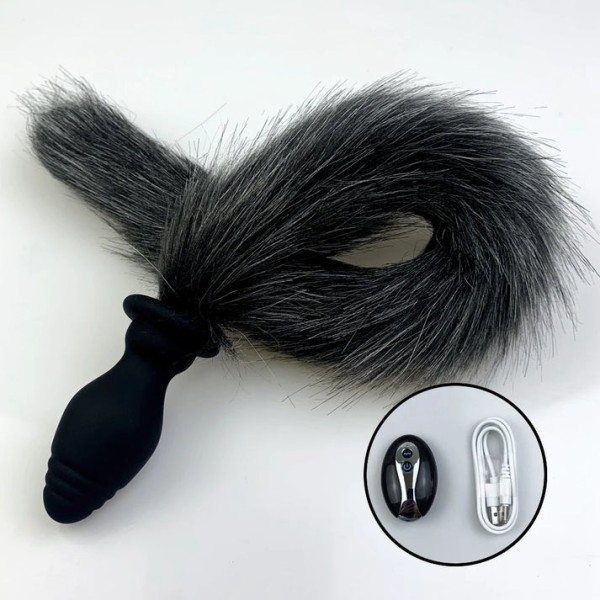 Vibrating Butt Plug with Remote Control Fox Tail Gray