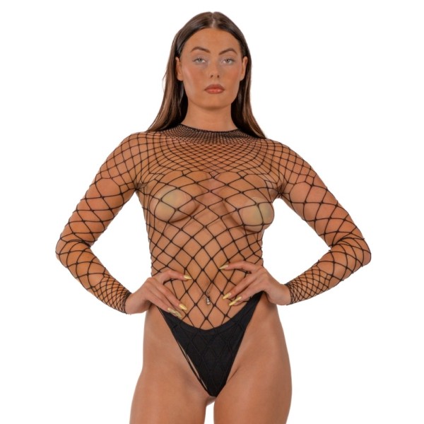 Διχτυωτό Κορμάκι String με Μακριά Μανίκια Lace Μαύρο