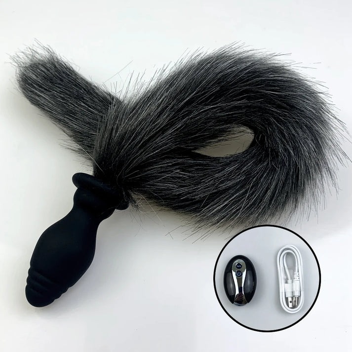 Vibrating Butt Plug with Remote Control Fox Tail Gray Love Market Vibrating Butt Plug with Remote Control Fox Tail Gray Vibrating butt plugs