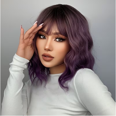 Long Bob with Bangs Wig Purple