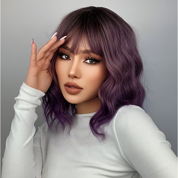 Long Bob with Bangs Wig Purple