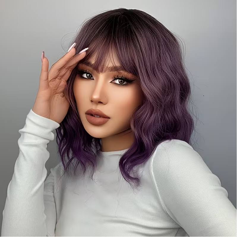 Long Bob with Bangs Wig Purple