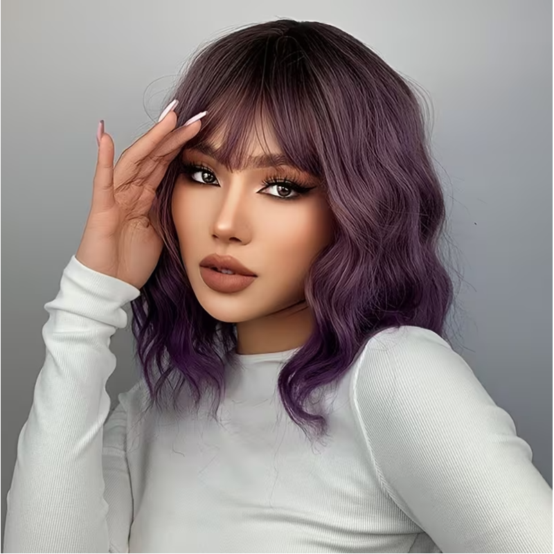 Long Bob with Bangs Wig Purple
