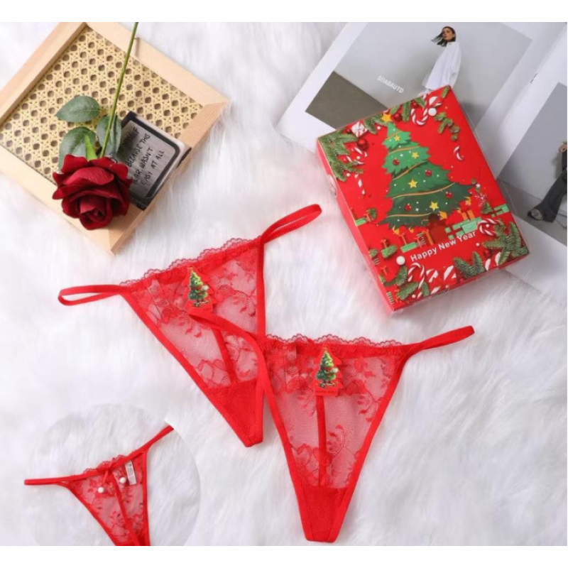 Christmas Thong with Pom Poms Red