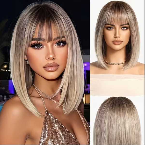 Long Bob with Bangs Wig Caramel Blonde 