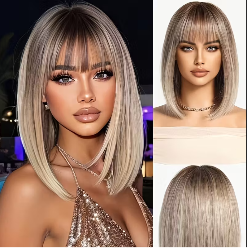 Long Bob with Bangs Wig Caramel Blonde 