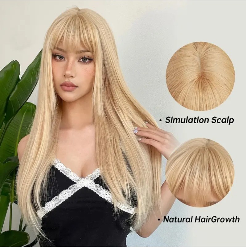 Long Straight Wig with Bangs Blonde 