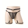 Mens Lace Garter Thong with Chain Black