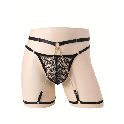 Mens Lace Garter Thong with Chain Black Mens Lace Garter Thong with Chain Black