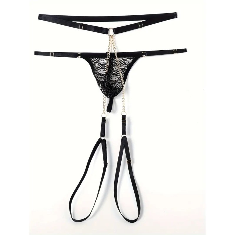 Mens Lace Garter Thong with Chain Black