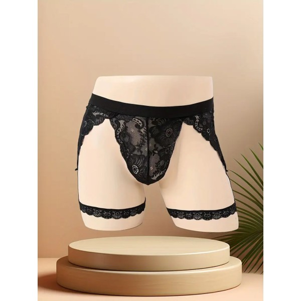 Ανδρικό Δαντελωτό Στρινγκ με Ζαρτιέρες Love Market Μαύρο