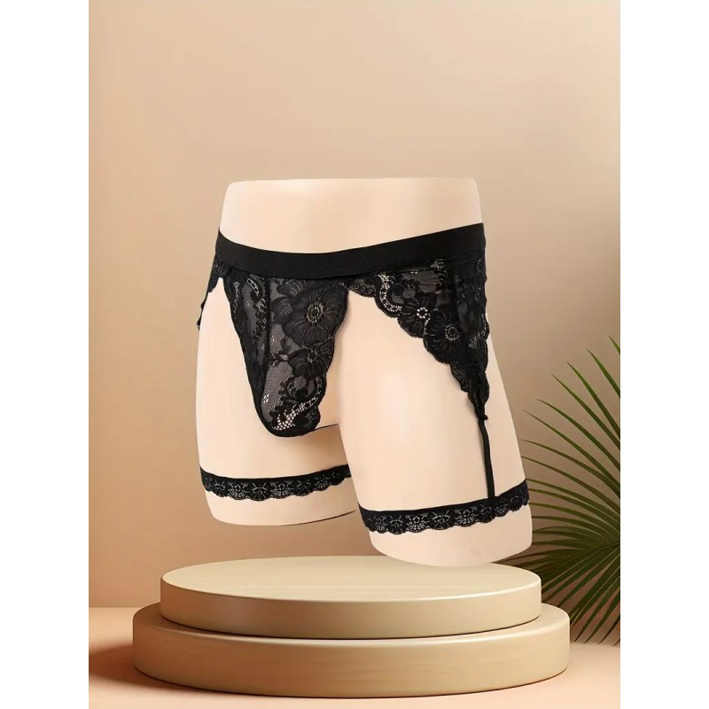 Ανδρικό Δαντελωτό Στρινγκ με Ζαρτιέρες Love Market Μαύρο