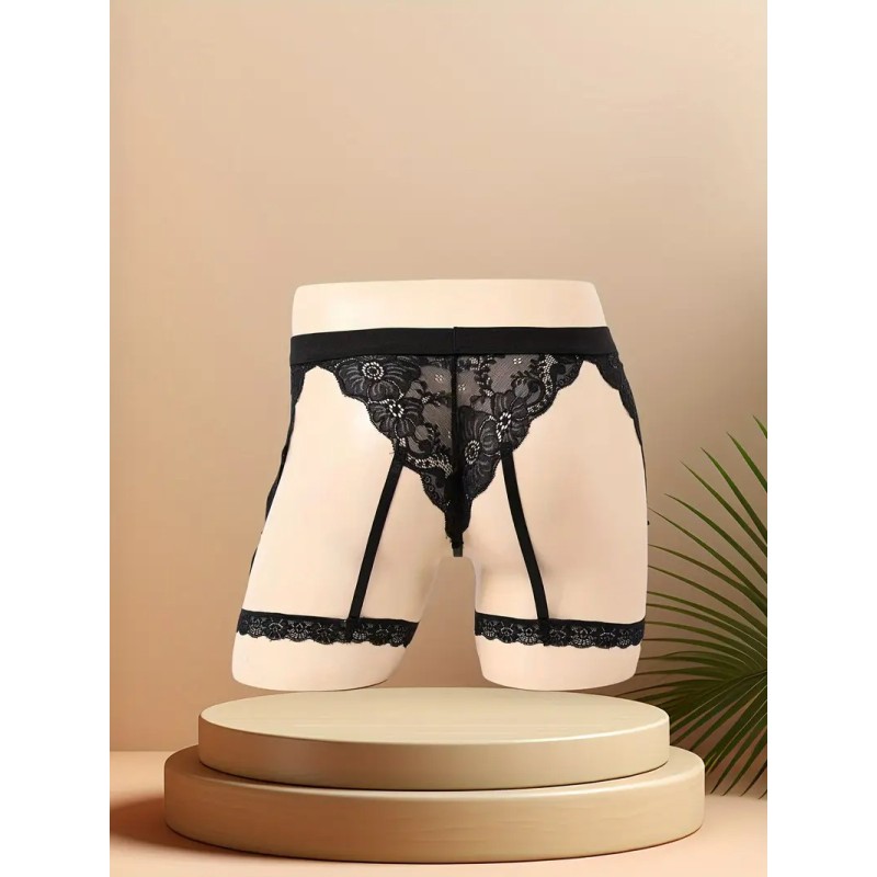 Ανδρικό Δαντελωτό Στρινγκ με Ζαρτιέρες Love Market Μαύρο