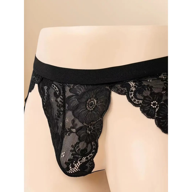 Ανδρικό Δαντελωτό Στρινγκ με Ζαρτιέρες Love Market Μαύρο