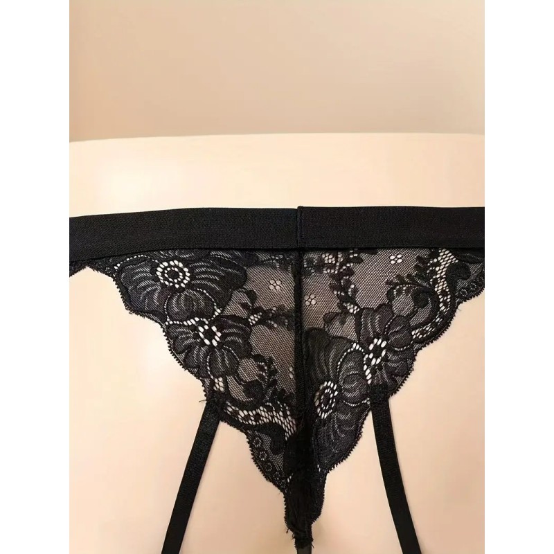 Ανδρικό Δαντελωτό Στρινγκ με Ζαρτιέρες Love Market Μαύρο