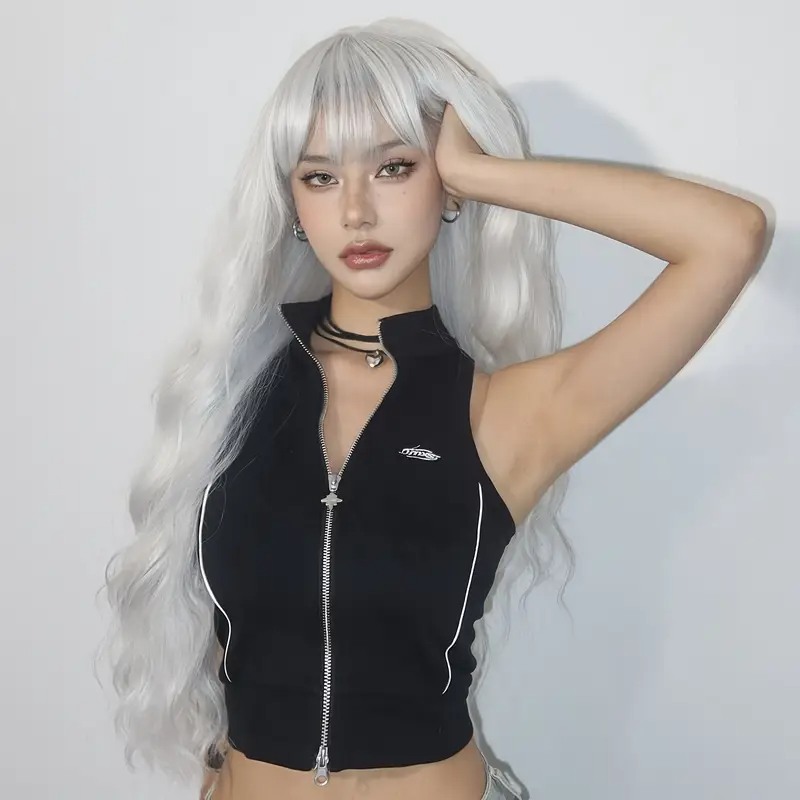 Long Wavy Wig with Bangs Silver