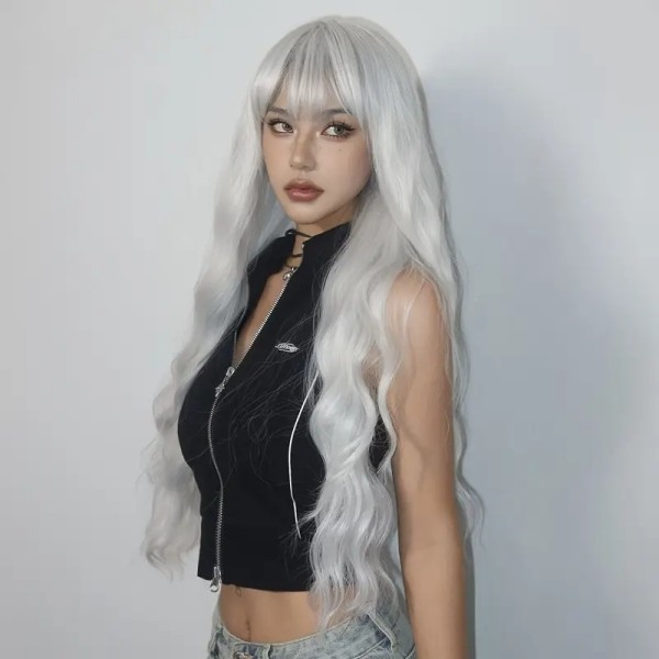 Long Wavy Wig with Bangs Silver