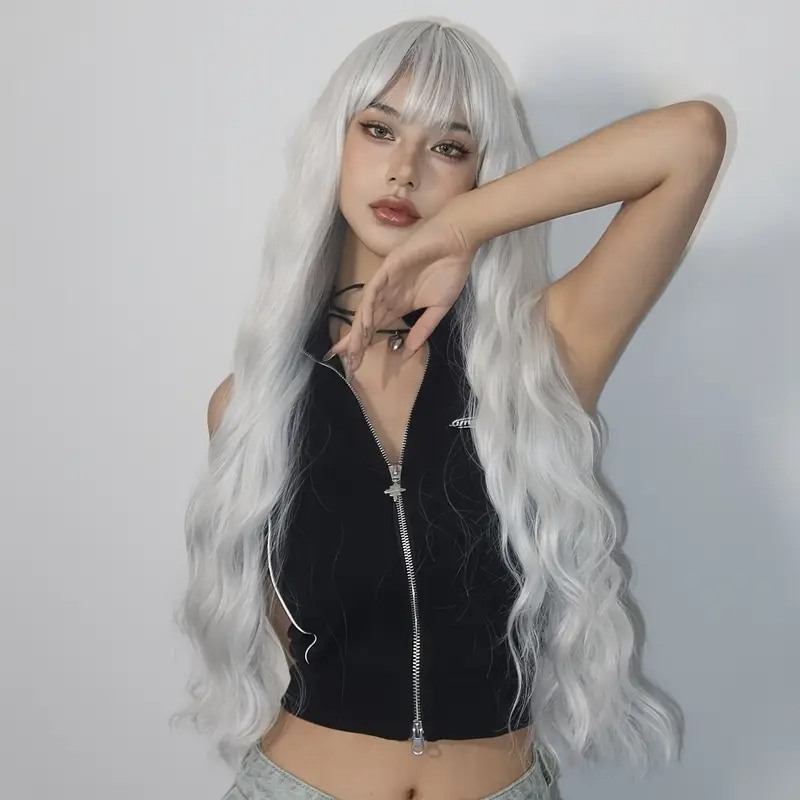 Long Wavy Wig with Bangs Silver