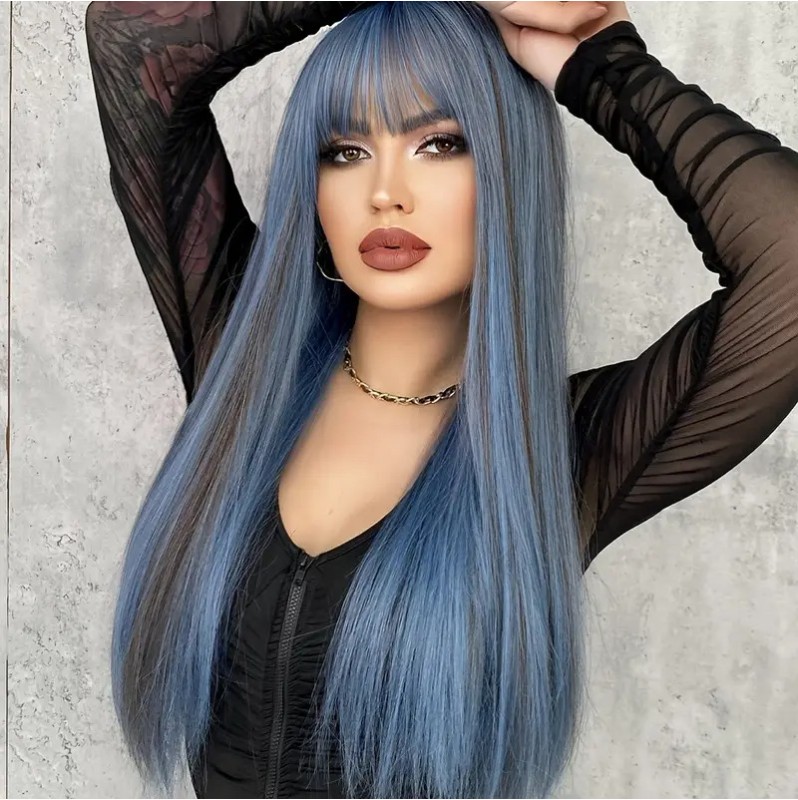 Long Wig with Bangs Blue 