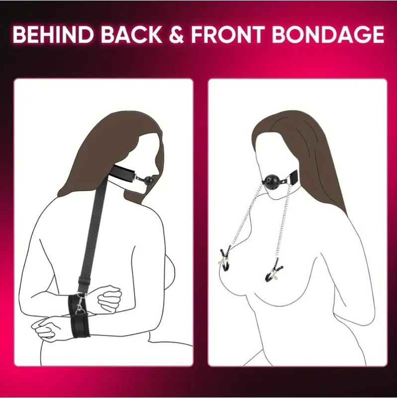 Ball Gag with Hand Cuffs and Nipple Clamps Black
