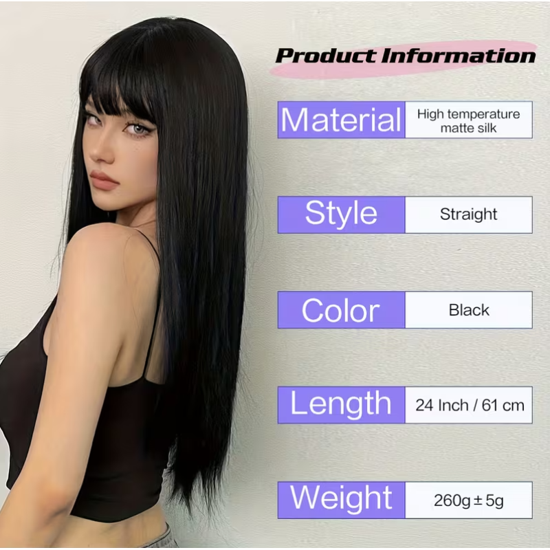 Long Straight Wig with Bangs Black 61cm