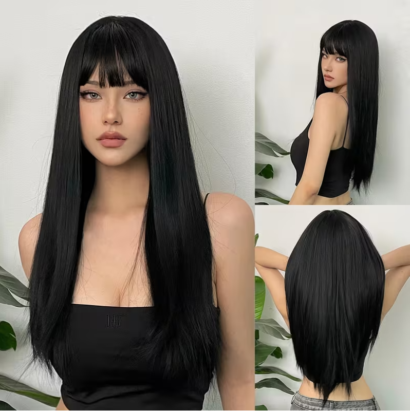 Long Straight Wig with Bangs Black 61cm