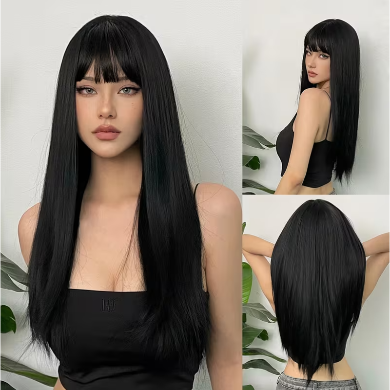 Long Straight Wig with Bangs Black 61cm