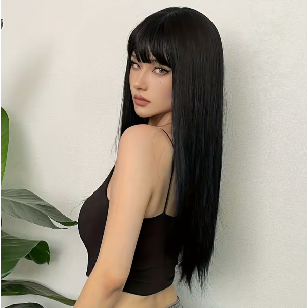 Long Straight Wig with Bangs Black 61cm