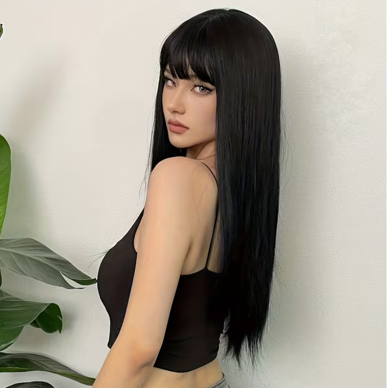 Long Straight Wig with Bangs Black 61cm