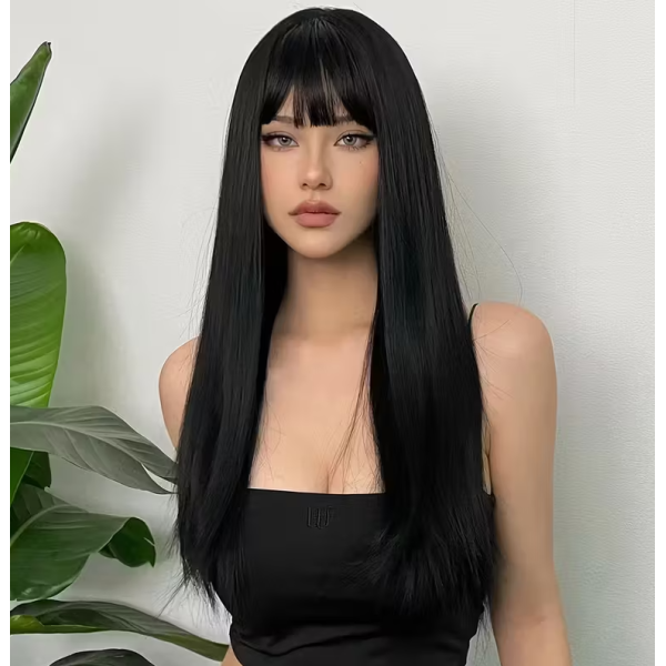 Long Straight Wig with Bangs Black 61cm Long Straight Wig with Bangs Black 61cm