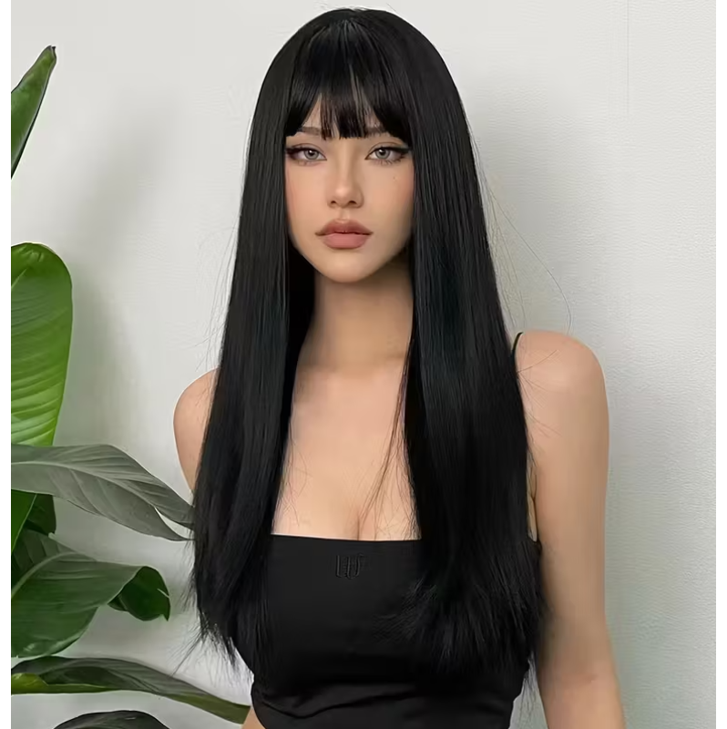 Long Straight Wig with Bangs Black 61cm