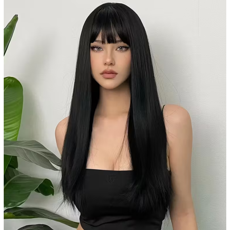 Long Straight Wig with Bangs Black 61cm