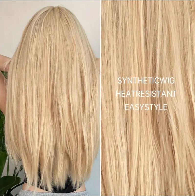 Long Straight Wig with Bangs Blonde 