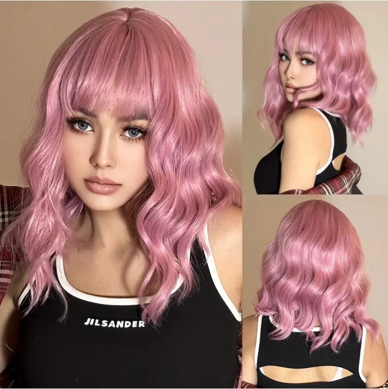 Long Bob with Bangs Wig Pink