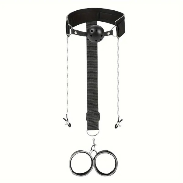 Ball Gag with Hand Cuffs and Nipple Clamps Black