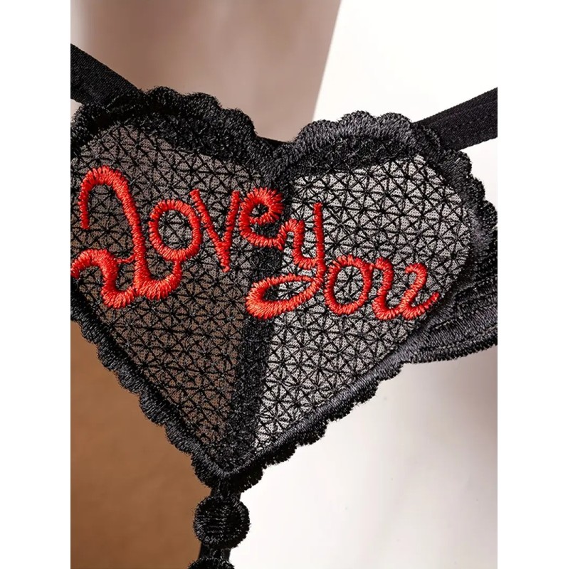G-string with Pearl Chain Love You Black