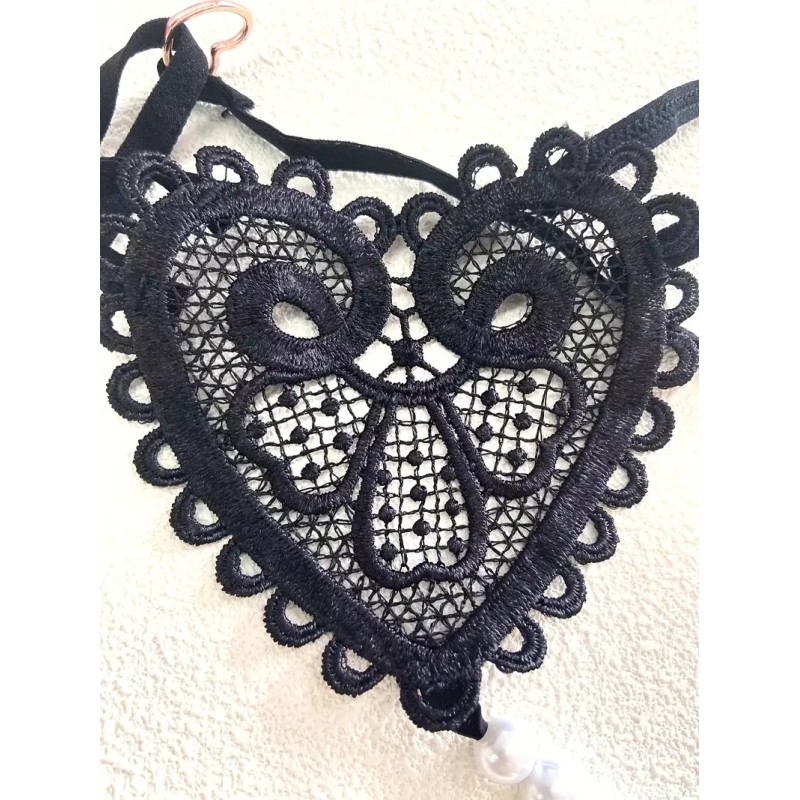 G-string with Pearl Chain Heart Black