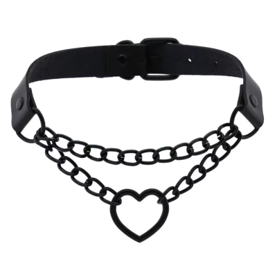 Collar with Double Chain Heart Matte Black 