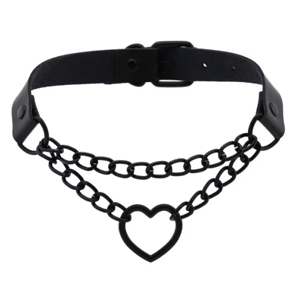 Collar with Double Chain Heart Matte Black 