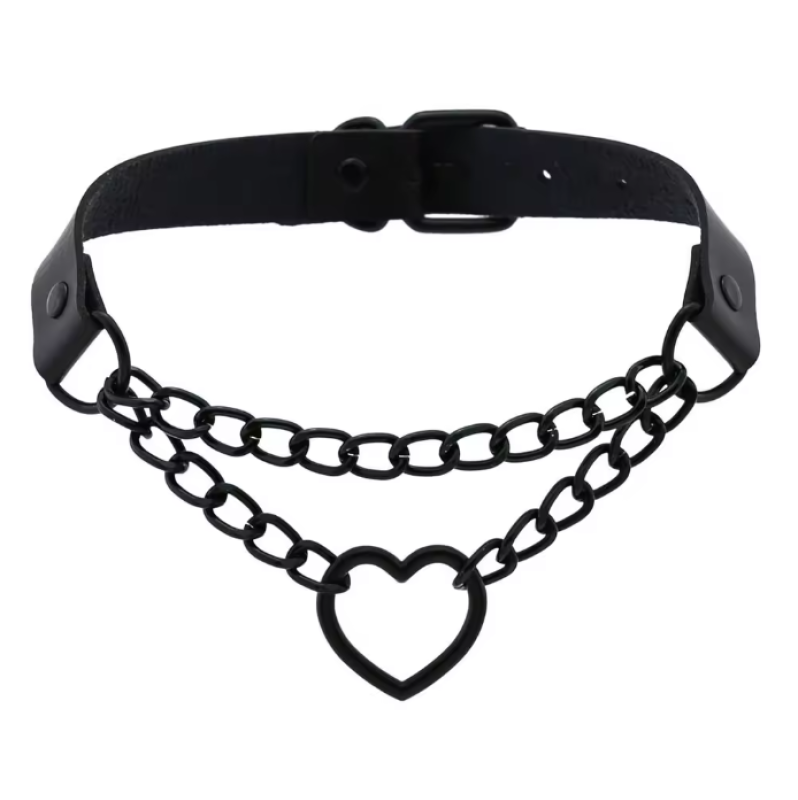 Collar with Double Chain Heart Matte Black 