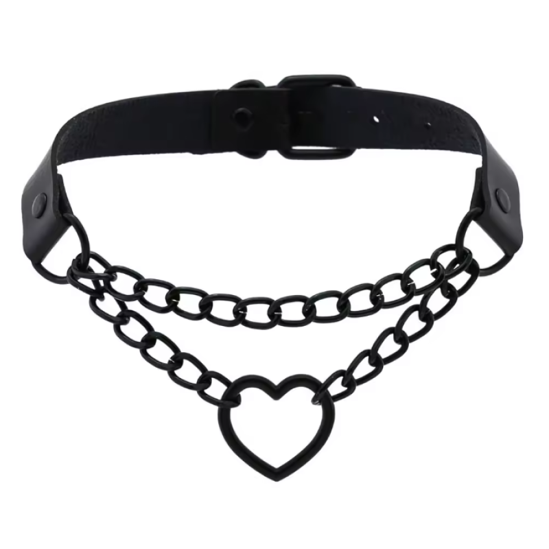Collar with Double Chain Heart Matte Black 