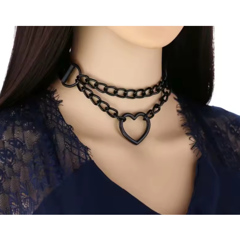 Collar with Double Chain Heart Matte Black 
