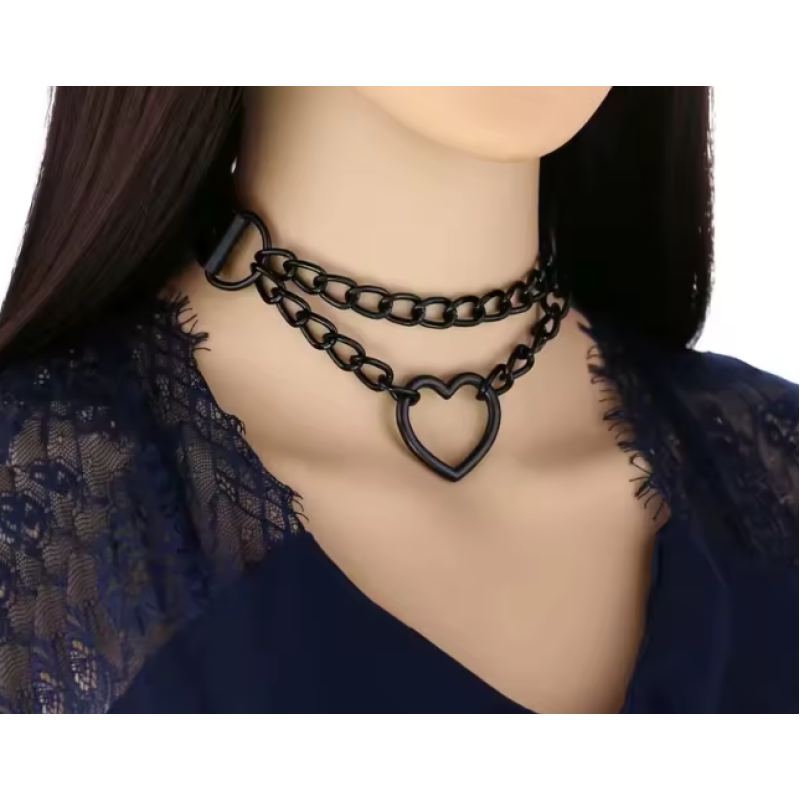 Collar with Double Chain Heart Matte Black 