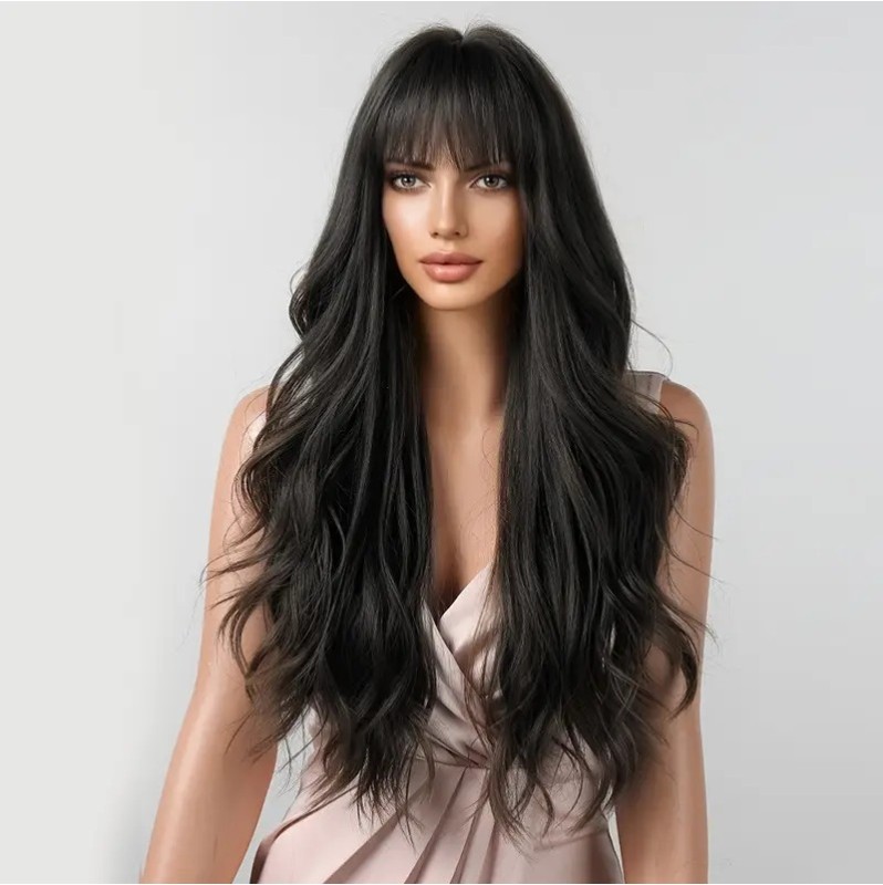 Long Wavy Wig with Bangs Brown