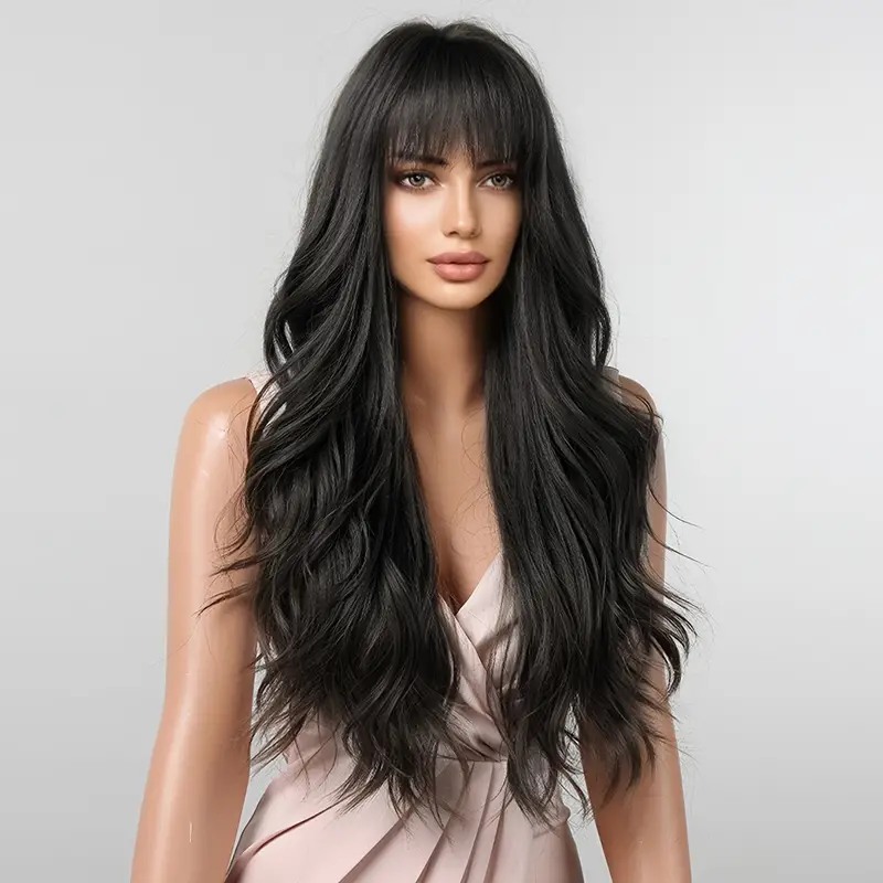 Long Wavy Wig with Bangs Black