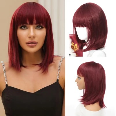 Straight Long Bob with Bangs Wig Red Straight Long Bob with Bangs Wig Red